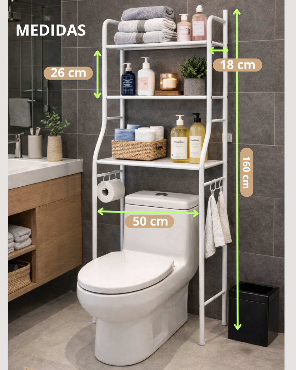 Estante Organizador de Baño sobre Inodoro | 3 Niveles | Metal Resistente | Fácil Monta